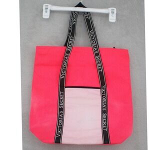 Victorias Secret Neon Pink Canvas Insulated Cooler Tote Bag Beach Picnic Zip Top